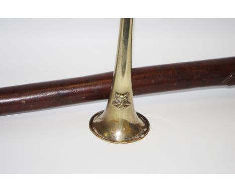 A 19th century  plated hunting horn, leather case, 82cm long
