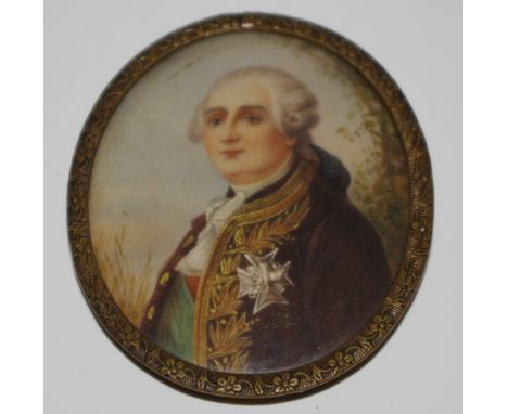 English School, 19th century, a portrait miniature, George III, watercolour on ivory, 6cm x 5cm, gilt metal frame