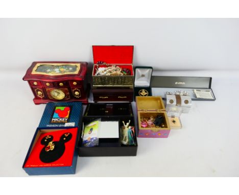 A collection of jewellery boxes and costume jewellery and one 9ct yellow gold stone set ring, size N+½, 1.3 grams. [W]