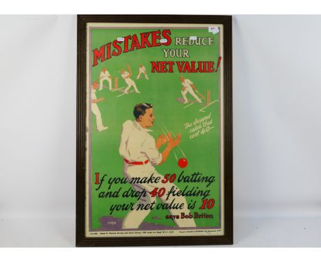 E W Goss - A framed lithograph poster, Mistakes Reduce Your Net Value Says Bob Briton, issued by National Services Ltd (Great