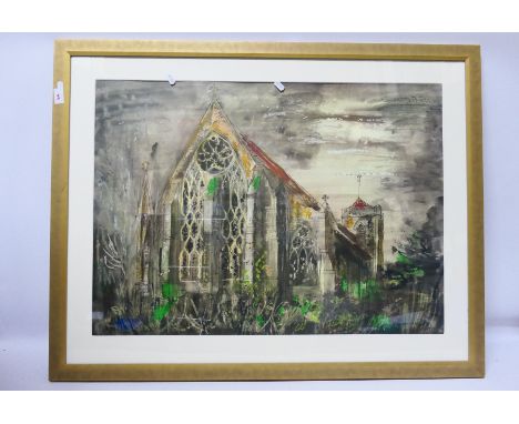 After John Piper, Dorchester Abbey, offset lithograph printed in colours, mounted and framed under glass, approximately 56 cm