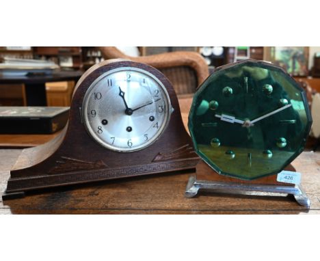 A continental Art Deco mantel clock with mirrored dial on a walnut and aluminium stand 24 cm high to/w a 1920's oak cased tri