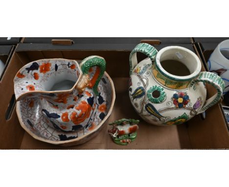 Georgian Staffordshire pottery small bocage group of a ram and lamb, 14 cm high, to/w a Mason's-style Ironstone ewer and basi