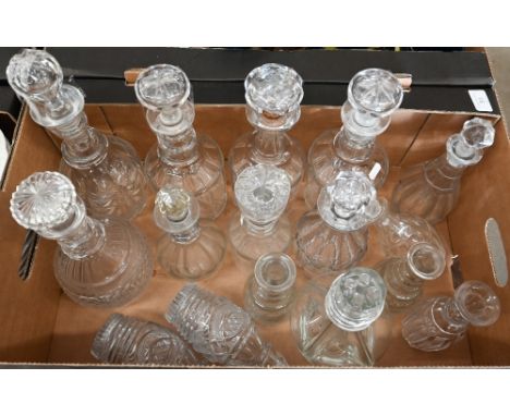 Selection of Georgian and later cut glass ring-neck and other decanters to/w a moulded quadrant decanter (box) 