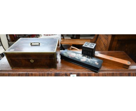 Georgian brass bound mahogany box (lacks some fittings) 31cm wide, to/w a floral-painted papier maché glove box, incised cube