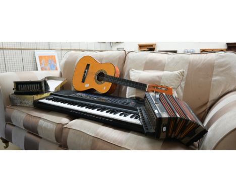 A 3/4 sized classical acoustic guitar to/w Casio CT-656 Tonebank electronic keyboard and two antique accordions; 'Little Lord