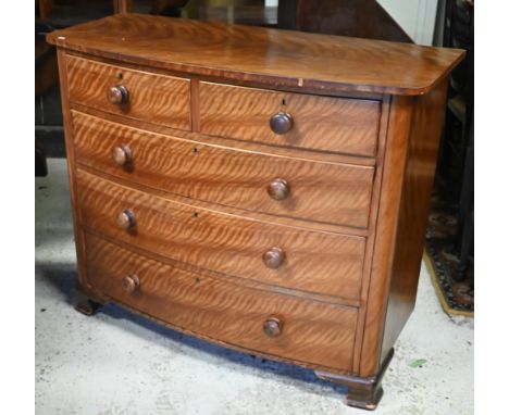 A Victorian satin-birch bow front chest of two short over three long drawers with turned handles, raised on bracket feet, 120