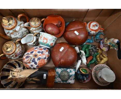 Quantity of Asian ceramics and collectables including Satsuma bowl, Imari quail, pair of lacquered papier mache 'Peach' cover