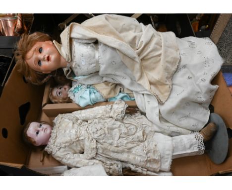 French wax-head girl doll with studded leather body, Mme Montanari circa 1850, 56cm (head a/f) to/w a bisque-headed girl doll