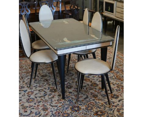 An Italian mid-century (1950s) black and ivory chinoiserie-decorated dining suite by Umberto Mascagni comprising dining table