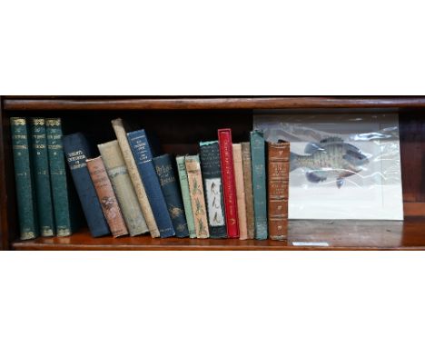 Ten various vintage books on fishing and an unframed lithograph of a Blue-Gilled Sun Fish, to/w six vintage volumes on garden