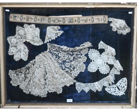 A framed collection of antique lace fringings, trimmings, collars, lace-edged handkerchief, and a needlepoint edging depictin