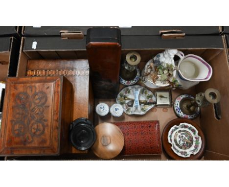 Cloisonne enamel cigarette box to/w an incised teak box fitted with small glass bottles, Japanese lacquer brush-box and other