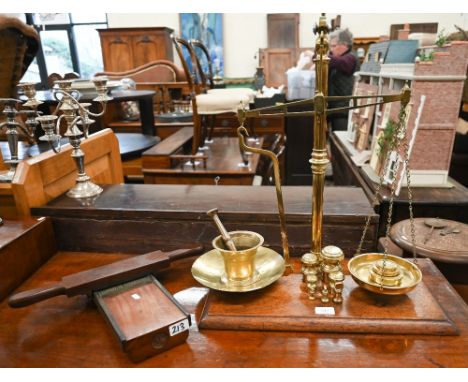 Victorian W.T. Avery Class B apothecary's brass scales on teak base, c/w weights, to/w a Maw, Son &amp; Thompson (London) pil
