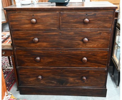 Large Victorian mahogany chest of two short over three long drawers with turned handles, raised on plinth base, 124 cm wide x