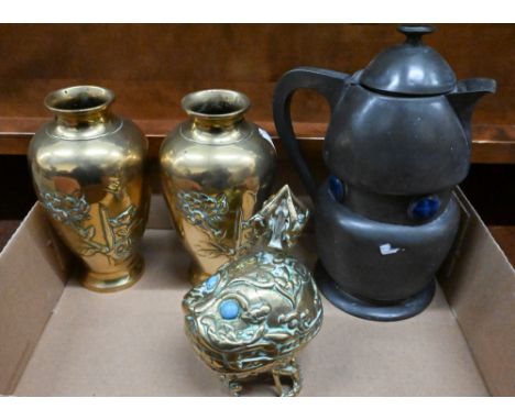 Art Nouveau pewter hot water jug, mounted with enamel bosses, 20 cm high to/w a brass box, cast as a demon's head with turquo