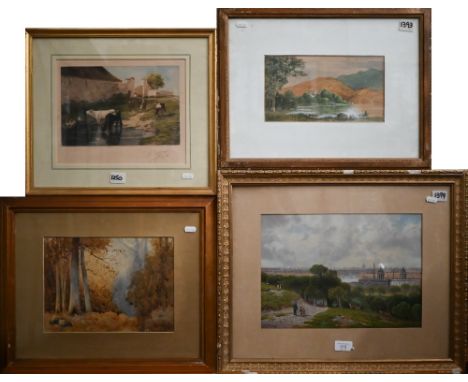 Assorted watercolours including stag, Cecil Wallinger landscape, R F McIntyre London from Greenwich Park etc and a French sat
