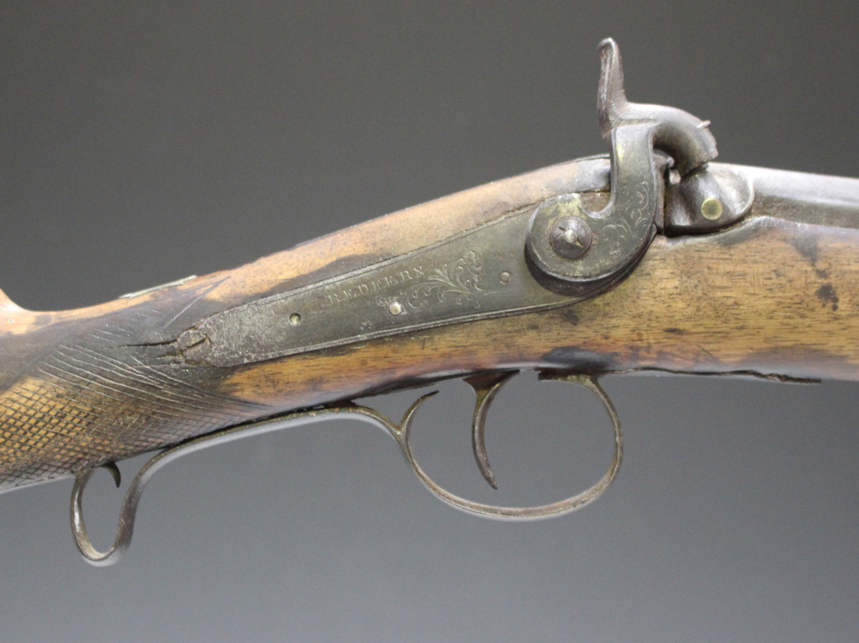 A 14 bore percussion sporting gun by Redfern with twostage partoctagonal barrel, length 84cm, b