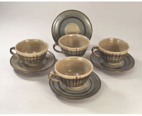 KENNETH QUICK. Four cups & saucers by Kenneth Quick. Made at his Tregenna Hill Pottery. Impressed with personal monogram. Pro