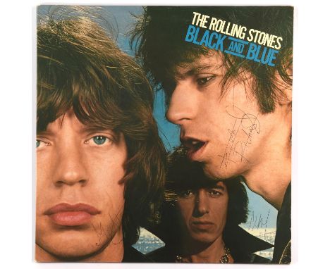The Rolling Stones Black And Blue LP vinyl record, fully signed in biro on 1976 tour to front and rear of gatefold sleeve by 