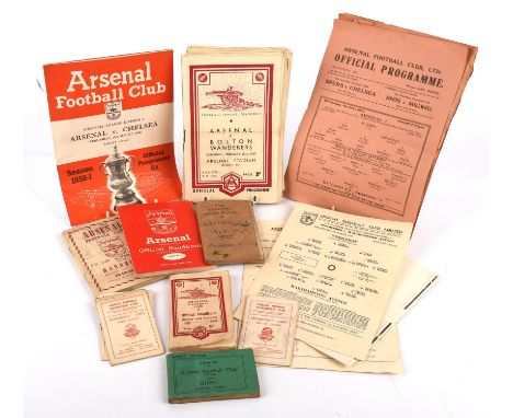 Arsenal Football Club - Collection of vintage paper ephemera to include, Supporters club membership cards, Season Ticket, off