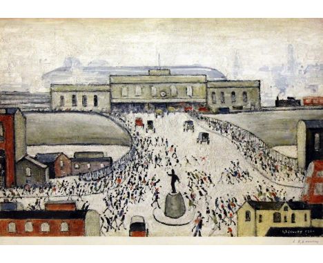 Laurence Stephen Lowry RA (1887 - 1976). Station Approach. Colour print. 52cm x 43cm. Blind stamp lower left. Signed in penci