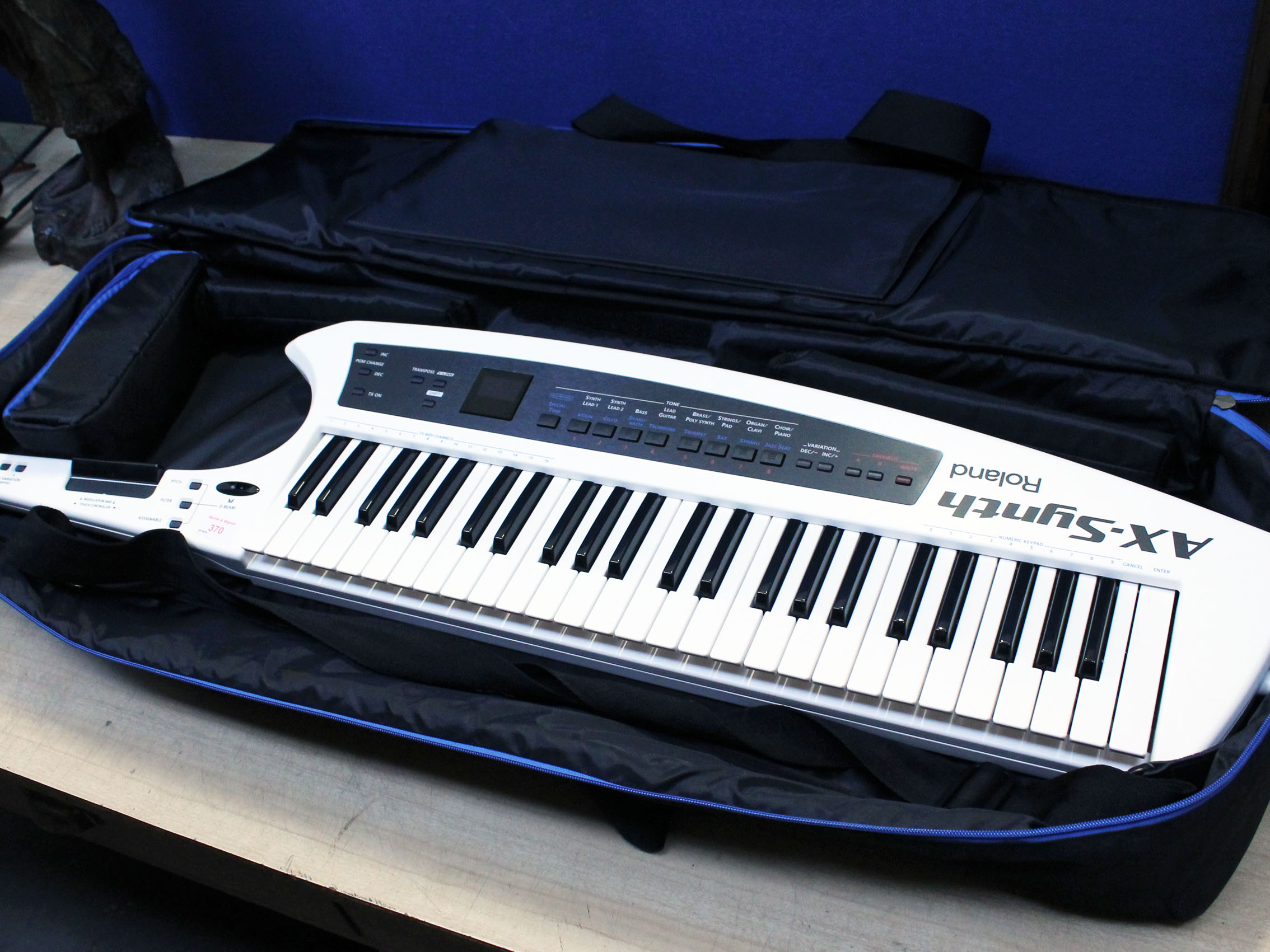 A Roland AxSynth keytar with soft case.