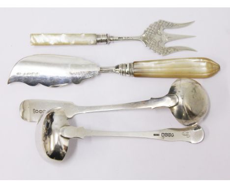 Hallmarked silver comprising a Newcastle ladle, an Edinburgh ladle and two mother of peral handled items