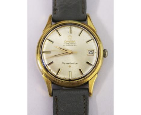 An 18ct gold Omega Automatic Chronometer Constellation wristwatch with leather strap. Condition - currently not running, gene
