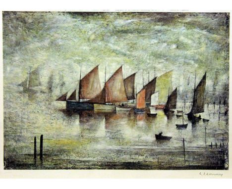 Laurence Stephen Lowry RA (1887 - 1976). Sailing boats. Colour print. 36cm x 33cm. Blind stamp lower left. Signed in pencil. 