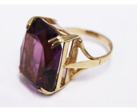 A 9ct gold large amethyst ring. Wt. 7.4g Size M