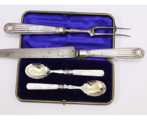 Georgian silver hallmarked silver handled carving set and a pair of silver plated spoons with mother of pearl handles