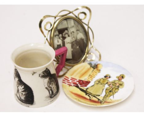 A mixed lot to include a W.H. Goss 3 cat cup, a Royal Doulton plate and a small brass photo frame. Condition - chip to plate,