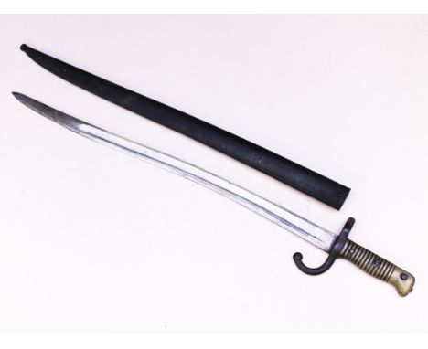 A French sabre bayonet and scabbard circa 1866. Condition - slight bend to last 6" of blade, general wear to include dirt, sc