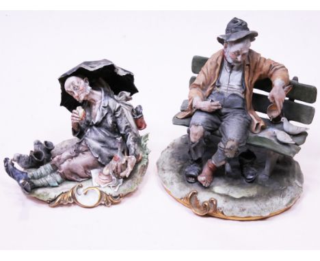 Two Capodimonte tramp figures. Tallest 22cm. Condition - chip to end of pipe, I can't find any further damage nor any repairs