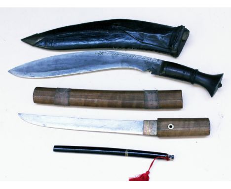 A Kukri, a Japanese dagger &amp; scabbard and a letter opener. Condition - kukri missing one small knife, wear to blades etc.