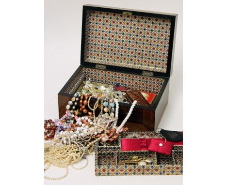 A Victorian box and contents to include vintage costume jewellery