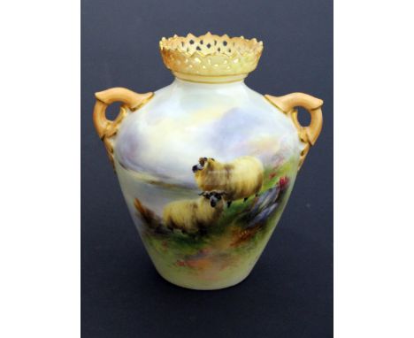 A Royal Worcester porcelain vase with hand painted decoration of sheep signed H Davis, the base numbered 405/G. H11.5cm. Cond