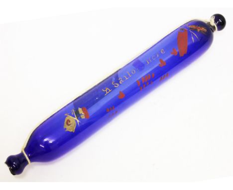 A 19th Century blue glass rolling pin with gilt decoration 'A Sailor's Hope'. L37cm. Condition - very good, no damage, genera