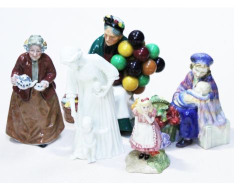 Three Royal Doulton figures, a Royal Worcester figure and a Bewsick figure. Condition - good, minor chips to petals on curly 