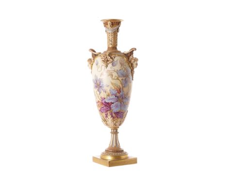 LARGE WORCESTER PARCEL GILT AND PAINTED CEREMONIAL VASE of baluster form with floral and mask head decoration raised on a flu