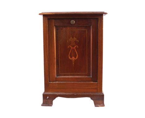 EDWARDIAN PERIOD MAHOGANY AND MARQUETRY DROP FRONT COAL BOXthe square top above a lyre inlaid drop front opening to a storage