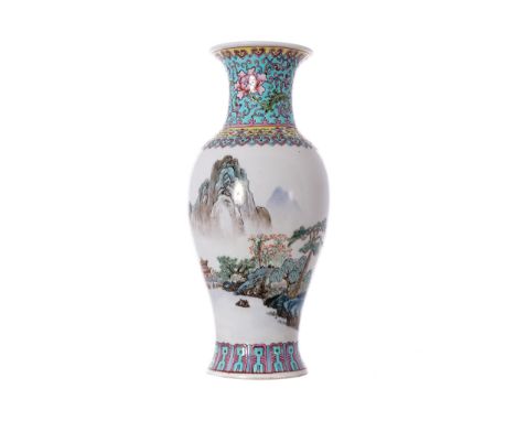 CHINESE REPUBLICAN POLYCHROME VASEof baluster form with landscape decoration and poetry inscriptions; seal mark to base26 cm.