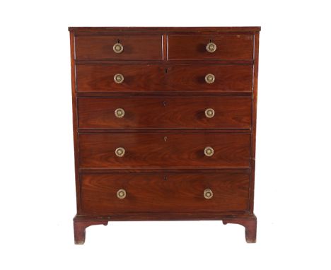 REGENCY PERIOD MAHOGANY CHEST OF DRAWERSof two short and three long drawers furnished with brass knobs raised on bracket feet