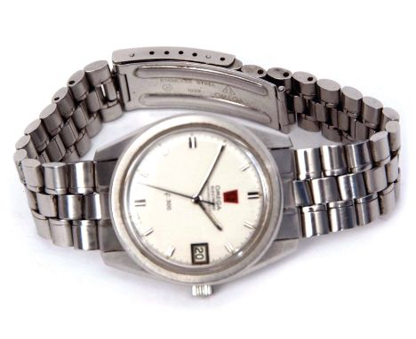 Last quarter of 20th century stainless steel quartz centre seconds calendar wrist watch, Omega "Electronic" chronometer, f300