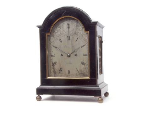 Mid-19th century ebonised twin fusee bracket clock, French - Royal Exchange, London, the arched case with overhanging cornice