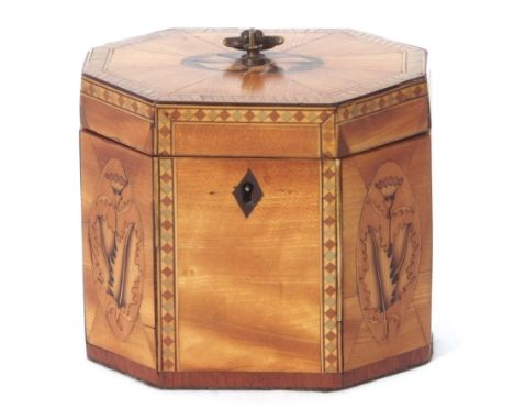 Sheraton style satinwood tea caddy of octagonal form, the interior with single compartment, inlaid throughout with panels of 