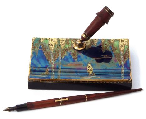 Mid-20th century Carltonware pen holder decorated with an Art Deco lustre design of trees, pattern number 3238, factory mark 