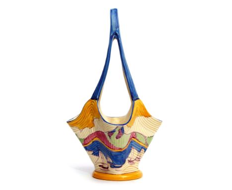 Clarice Cliff Elegant Shape flower basket the ribbed body decorated with the Gibraltar pattern, 33cm high 