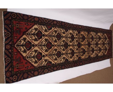 Modern Hamadan runner, central latticed panel of flower sprigs, double gull border, mainly green, off white, puce and blue fi